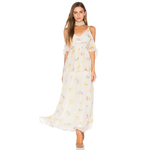 Free People Magnolia Maxi Dress Size 4 Ivory Open Shoulder Lace Ruffle Trim - Picture 1 of 16